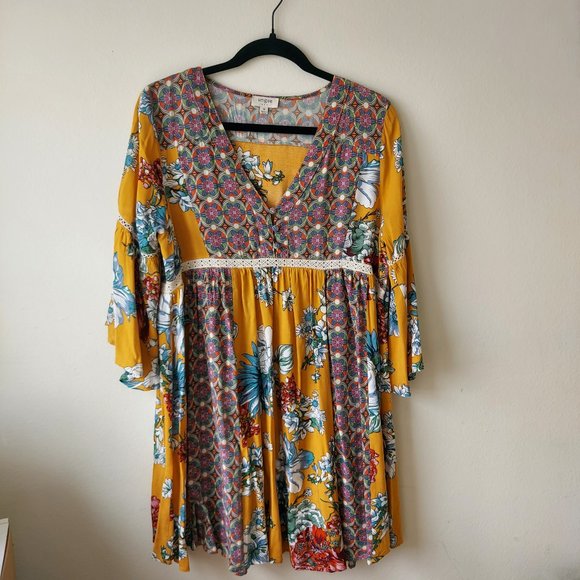 Umgee Bohemian Boho Yellow Multi Color Pattern Dress sz Medium - Picture 1 of 4